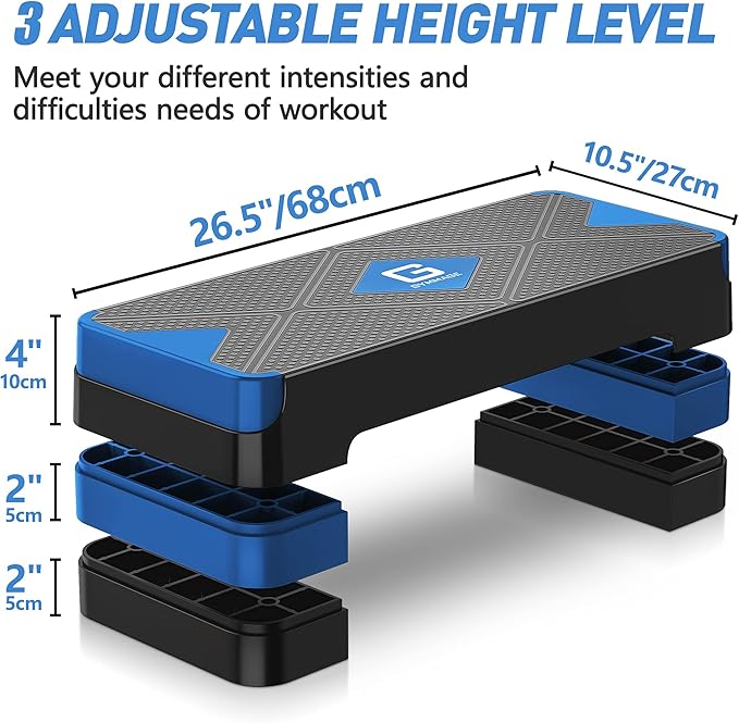 Aerobic Exercise Step, Adjustable Aerobic Stepper for Exercise, Workout Step Platform for Step Up, 26.5" Step Deck with 4??6??8??Adjustable Height Risers, Women Home Gym Cardio Fitness