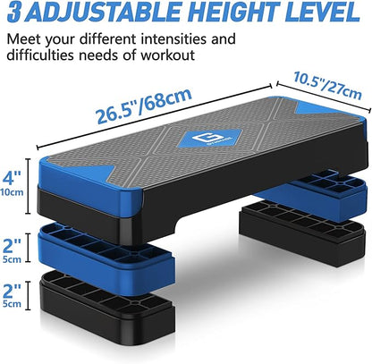 Aerobic Exercise Step, Adjustable Aerobic Stepper for Exercise, Workout Step Platform for Step Up, 26.5" Step Deck with 4??6??8??Adjustable Height Risers, Women Home Gym Cardio Fitness