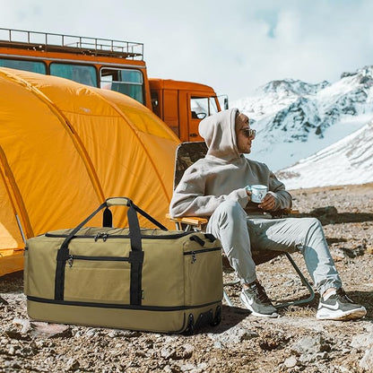 Laripwit Collapsible Duffle Bag with Wheels 130-170L Extra Large Expandable Travel Duffel Bag for Men Women Heavy Duty Military Duffle Bag for Camping Rolling Foldable Carry On Luggage, Brown