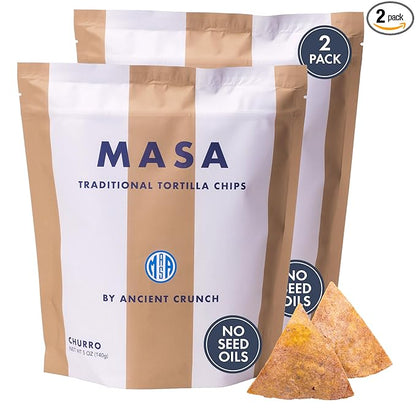 MASA Tortilla Chips Snack Pack - Seed Oil Free Snacks, Organic Chips Tortilla - Gluten & Dairy Free, Naturally Grown Corn Chip - Made with Grass Fed Tallow & Sea Salt (2 Pack, 5oz Each - Churro)