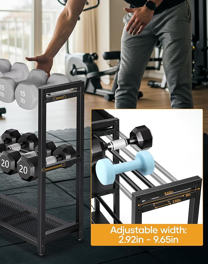 3-Tier Dumbbell Rack Stand Only - Adjustable Weight Rack for Home Gym, Heavy-Duty Weight Stand for Dumbbells Kettlebells Foam Roller Yoga Mats, Workout Equipment Storage Organizer With Hooks