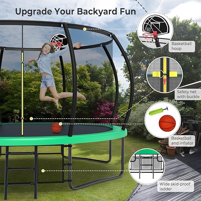 12 14 15 16FT Trampoline Outdoor with Basketball Hoop, Trampoline with Lights for Kids and Adults, Recreational Trampolin with Sprinkler, Stakes