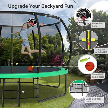 12 14 15 16FT Trampoline Outdoor with Basketball Hoop, Trampoline with Lights for Kids and Adults, Recreational Trampolin with Sprinkler, Stakes
