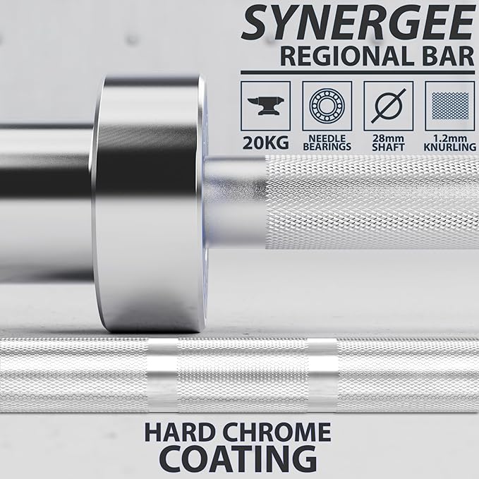 Synergee Regional Olympic 20kg Men’s and 15kg Women’s Hard Chrome & Black Phosphate Barbells. Rated 1500lbs for Weightlifting and Powerlifting.