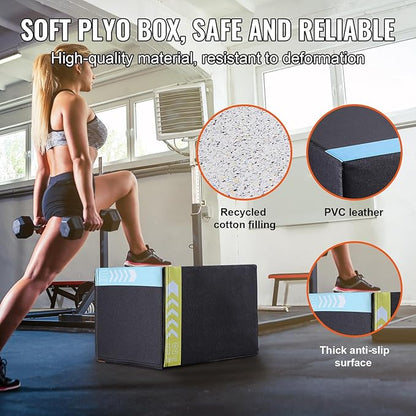 VEVOR 3 in 1 Plyometric Jump Box, Cotton Plyo Box, Platform & Jumping Agility Box, Anti-Slip Fitness Exercise Step Up Box for Home Gym Training, Conditioning Strength Training, Multiple Sizes, Black