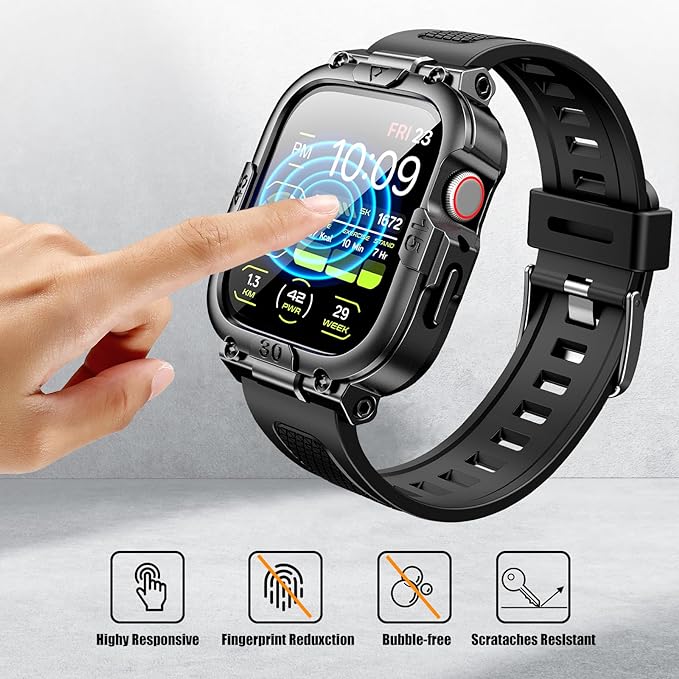 Dsytom Waterproof Case with Band Compatible for Apple Watch Band 45mm 44mm 41mm 40mm for Men ,Rugged Shockproof Smartwatch Strap Protective Bumper Cover with Built-in Tempered Glass Screen Protector