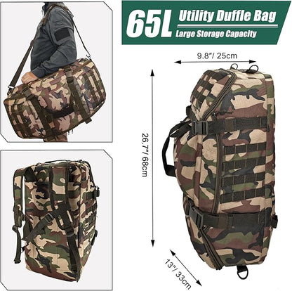65L Large Duffle Bag, 3-in-1 Tactical Backpack MOLLE Pack for Gym, Sports, Outdoor, Woodland