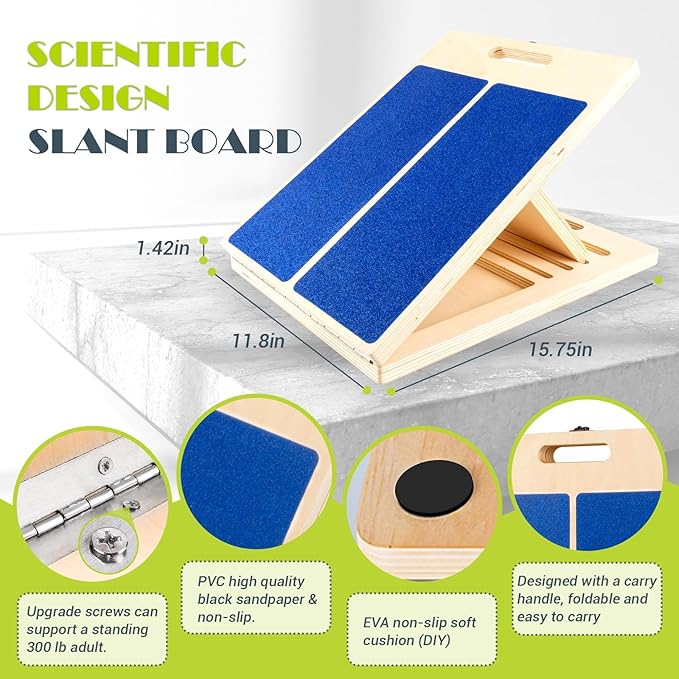 Slant Board for Calf Stretching, Adjustable Portable Wooden Incline Board for Calf Stretcher with Training Poster, 300 Lbs Weight Capacity Calf Stretch Wedge for Leg, Knees, Heel, Ankle & Stretching