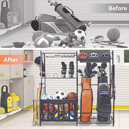 WALMANN Garage Sports Equipment Organizer, Golf Bag Stand for Garage Ball Storage Rack Indoor/Outdoor Kids Toys Storage Organizer Bins, Ball Holder with Baskets