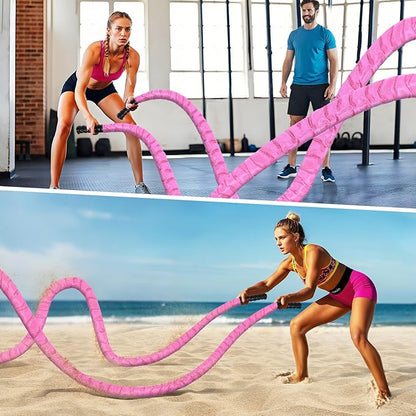Battle Ropes for Home Gym,1.26inch 30ft Long Pink Battle Ropes with Protective Cover - Workout Equipment Heavy Exercise Rope for Strength Training for Kids or Adults