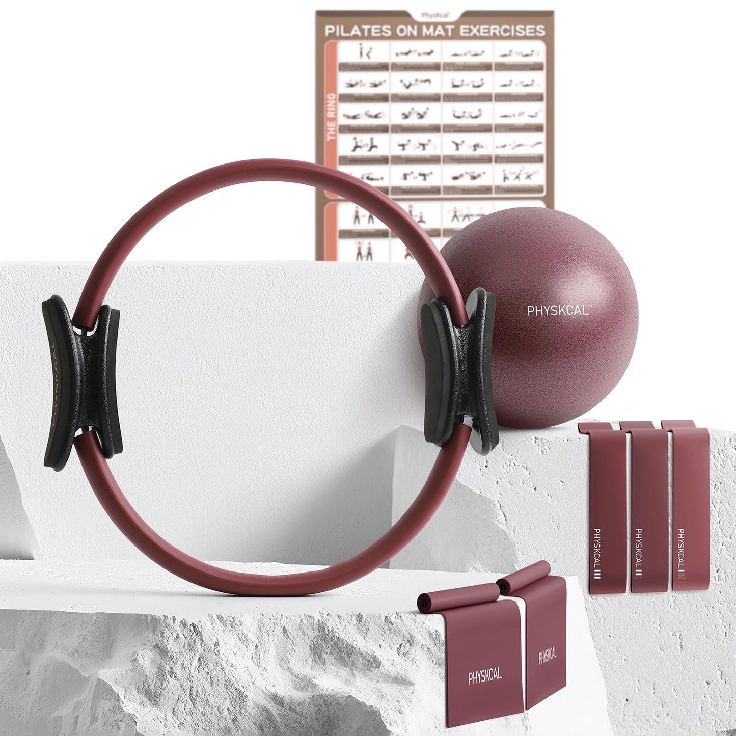 PhysKcal Pilates Kit, 15-Inch Pilates Ring with Pilates Ball & Bands, Plum