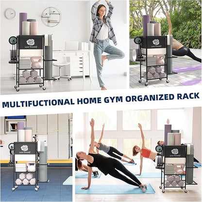 Yoga Mat Storage Rack，Home Gym Storage Rack Gym Workout Equipment Storage Organizer Fitness Weight Rack on Wheels for Yoga Mat,Yoga Block,Foam Roller,Resistance Band,Dumbbell,Kettlebell and Other Workout Accessories