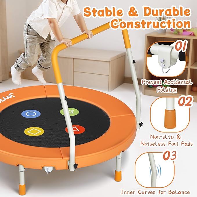 3FT Toddler Trampoline with Adjustable Handlebar, 36" Foldable & Spring-Free, Mini Kids Indoor Outdoor Trampoline for Ages 1-6, Noiseless Jumping Mat, Safe & Sturdy Design, Supports Up to 100 lbs