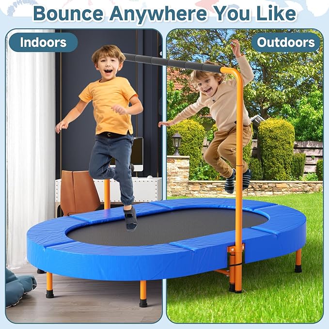 36"x56" Indoor Trampoline for Kids, Foldable Trampoline with Adjustable Handle, Double Trampoline for Boy and Girl, Kids Small Trampoline