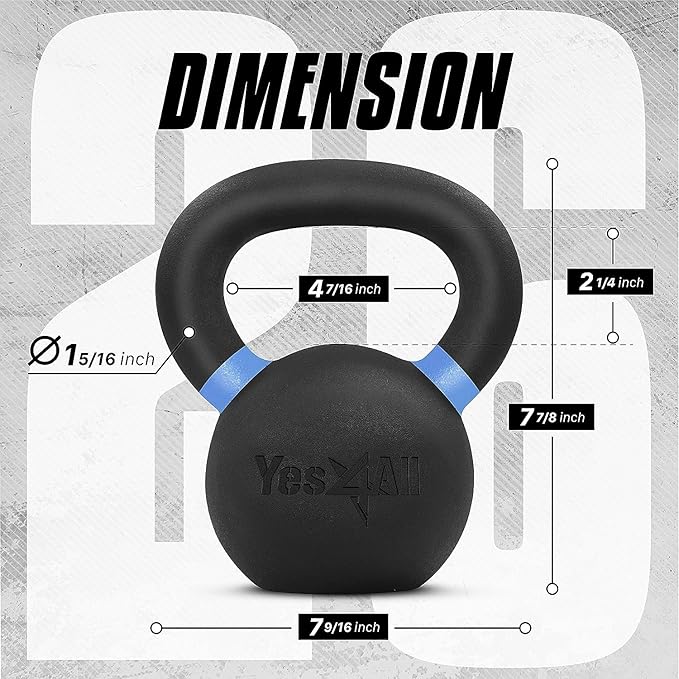 Yes4All Kettlebell, Heavy Duty Powder Coated Cast Iron Kettlebells, Non-Slip Handle & Flat Bottom for Conditioning, Strength Training & Full Body Exercises at Home Gym - Single & Pair
