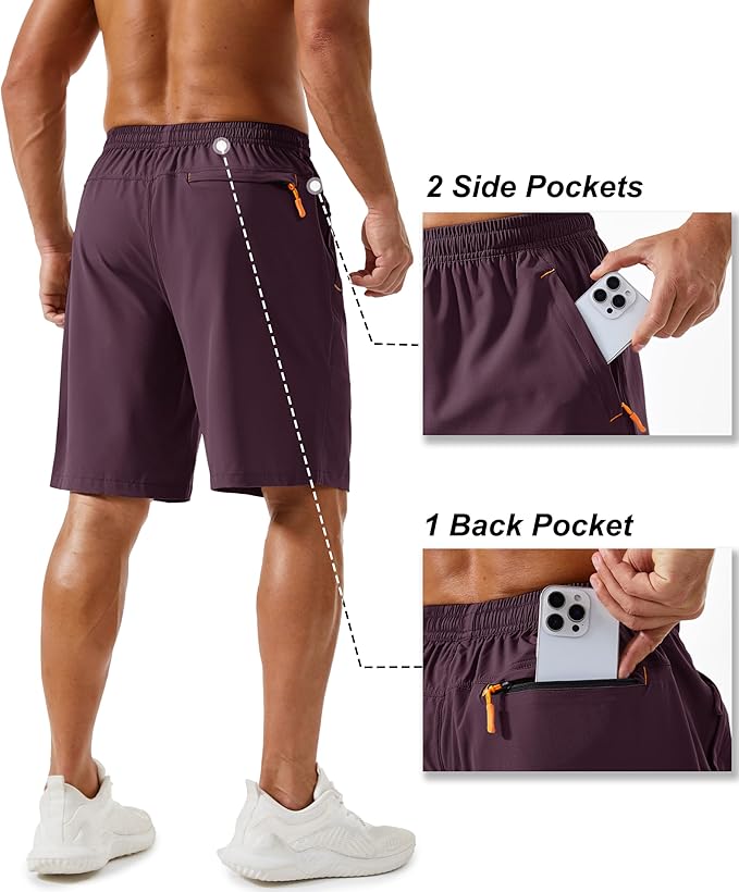 TACVASEN Men's Running Athletic Shorts 9" Quick Dry Workout Gym Shorts Lightweight Summer Shorts 3 Zipper Pockets