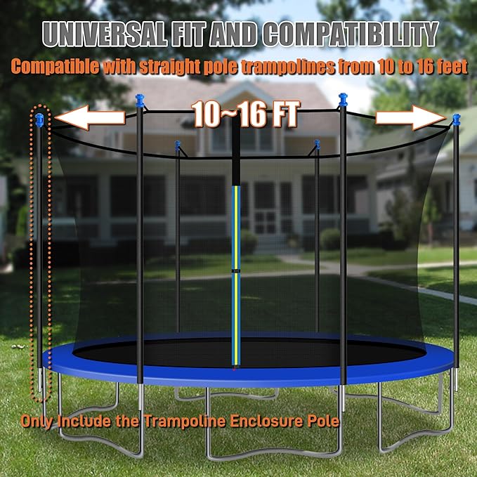 1PCS Trampoline Pole Replacement, Trampoline Enclosure Pole Fits 8-16FT Straight Pole Trampoline Frame, Reliable Trampoline Accessories Includes Foam Sleeve & Pole Caps for 2 Install Ways