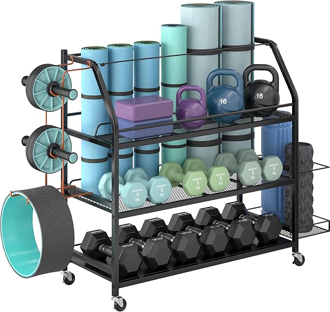Weight Rack for Dumbbells - Home Gym Storage Rack - Dumbbell and Weight Organizer with 4 Flexible Wheels and Unique Storage on Both Sides
