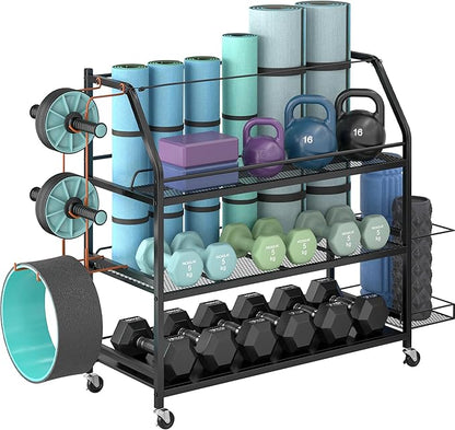 Weight Rack for Dumbbells - Home Gym Storage Rack - Dumbbell and Weight Organizer with 4 Flexible Wheels and Unique Storage on Both Sides