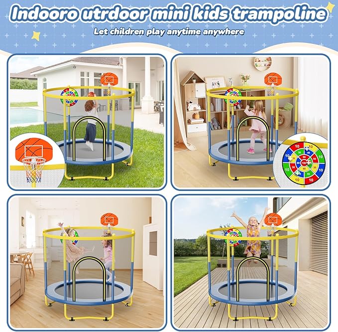 6FT Indoor Trampoline for Kids Ages 1-8, 72" Mini Toddler Indoor & Outdoor Trampoline with Safety Enclosure Net, Basketball Hoop & Dart Board, Birthday Gifts for Boys & Girls, Baby Toddler