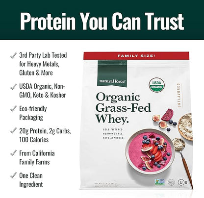Natural Force Grass Fed Organic Whey Protein Powder ??Non GMO Verified, Humane Certified & Lab Tested for Toxins ??Pure & Unflavored ??Keto Friendly, Low Carb, and Kosher ??5 Pound A2 Protein