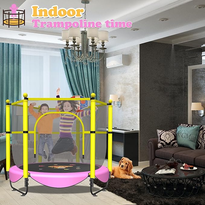 60" Trampoline for Kids, 5 FT Indoor & Outdoor Toddler Baby Trampoline with Basketball Hoop, Safety Enclosure, Birthday Gifts for Kids, Gifts for Boy and Girl, Age 3-8