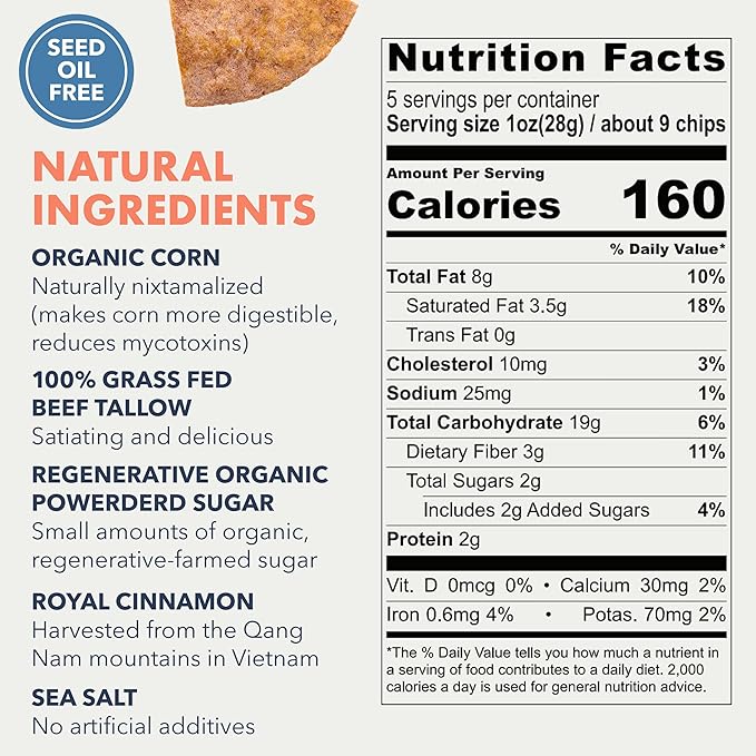 MASA Tortilla Chips Snack Pack - Seed Oil Free Snacks, Organic Chips Tortilla - Gluten & Dairy Free, Naturally Grown Corn Chip - Made with Grass Fed Tallow & Sea Salt (2 Pack, 5oz Each - Churro)