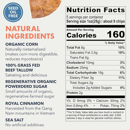 MASA Tortilla Chips - Churro Chips - No Seed Oil Snacks - Corn TortillaChips - Made with Grass Fed Beef Tallow, Powdered Sugar, Royal Cinnamon,Sea Salt - Sweet and Salty Snacks - 6 Pack - 5 oz/Pack