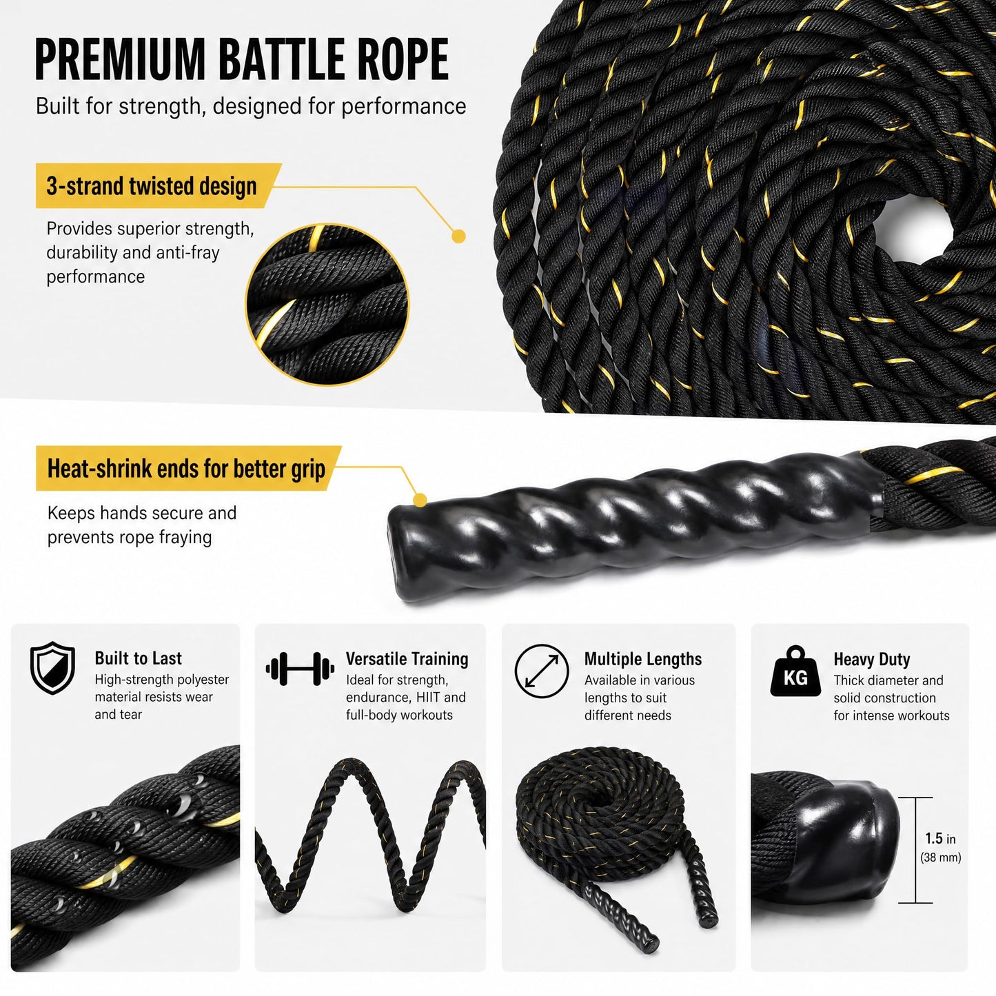 Fitvids Battle Rope 1.5Inch Diameter Poly Dacron 30 FT Length, Heavy Ropes for Home Gym and Workout