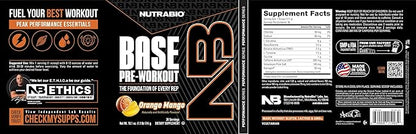 NutraBio Base Pre-Workout Powder 200mg Caffeine, Sustained Energy, Focus, Endurance, Pump, Sugar Free, Clean Preworkout for Men and Women - Beta Alanine, L-Tyrosine, 30 Servings - Orange Mango