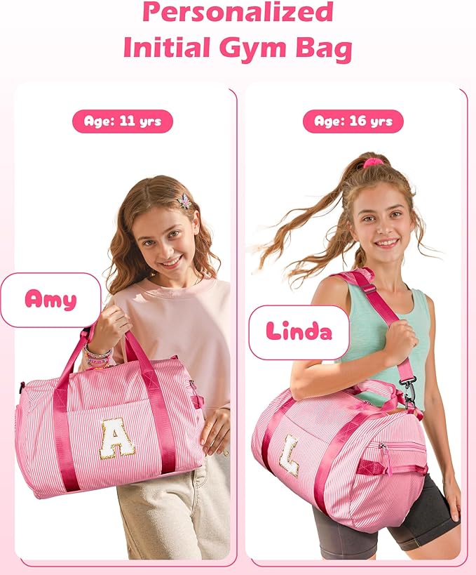 Birthday Gifts, Girl Gym Bag, Kids Initial Overnight Duffel Bags with Shoe Compartment, Personalized Travel Bag with Makeup Pouch, Gift for 5 6 7 8 9 10 11 12 13 Years Old Girls (Letter S)