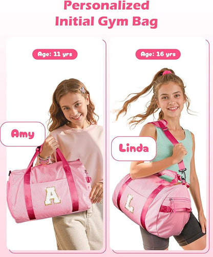 Gifts for Teenage Girls, Girl Gym Bag, Kids Initial Overnight Duffel Bags with Shoe Compartment, Personalized Travel Bag with Makeup Pouch, Girly Fashion Stuff Birthday Gift (Letter L)