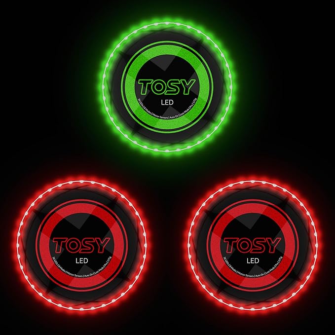 TOSY Bundle of 3-2X Red + Green - Flying Disc 36 LEDs, Super Bright, Smart Modes, Auto Light Up, Rechargeable, Cool Fun Christmas, Birthday & Camping Gift for Men/Boys/Teens/Kids, 175g Frisbee
