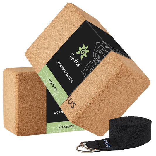 Syntus Cork Yoga Block and Strap Set for Yoga, Fitness, Pilates, Stretching
