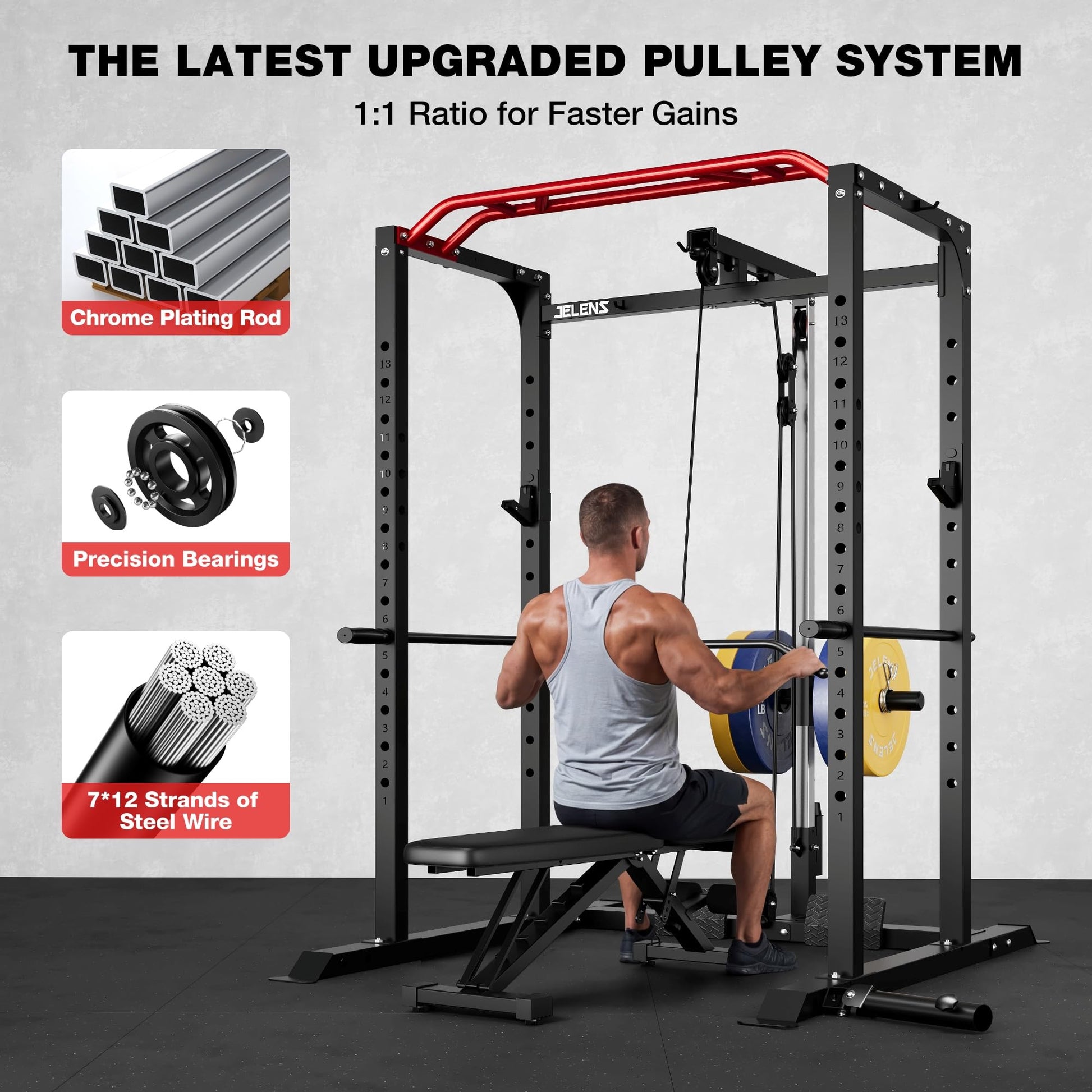 JELENS S11 Power Cage, 2000LB Multi-Function Power Rack with LAT Pulldown, Squat Rack with