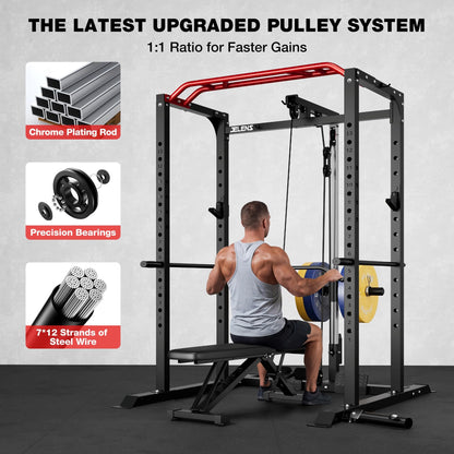 JELENS S11 Power Cage, 2000LB Multi-Function Power Rack with LAT Pulldown, Squat Rack with