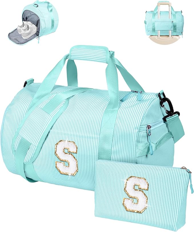 Trendy Stuff for Teen, Girl Gym Bag, Kids Initial Overnight Duffel Bags with Shoe Compartment, Personalized Travel Bag with Makeup Pouch, Gift for 7 8 9 10 11 12 Year Old Girls (Letter S)
