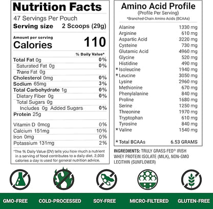 Grass Fed Whey Protein Powder Isolate - Unflavored - Unsweetened - Certified Entire Life On Pasture - A Greener World - ASPCA Registered Brand List - Informed-Sport - 3lbs