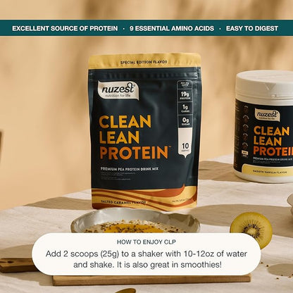Nuzest - Pea Protein Powder - Clean Lean Protein, Premium Vegan Plant Based Protein Powder, Dairy Free, Gluten Free, GMO Free, Protein Shake (8.8 Ounce (Pack of 1), Salted Caramel)
