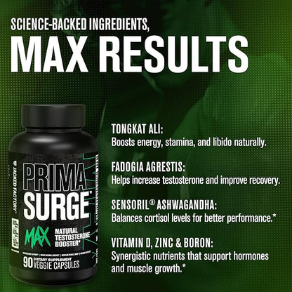 Jacked Factory Primasurge Max Testosterone Booster for Men - Natural Testosterone Supplement with Tongkat Ali, Fadogia Agrestis & Sensoril Ashwagandha - Test Booster for Muscle Mass - 90 Count