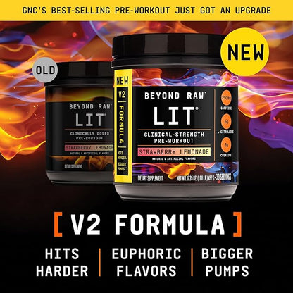 BEYOND RAW LIT V2 Clinical Strength Pre Workout Powder, Hits Harder, Bigger Pumps, Caffeine, L-Citrulline, Creatine, Strawberry Lemonade, 30 Servings
