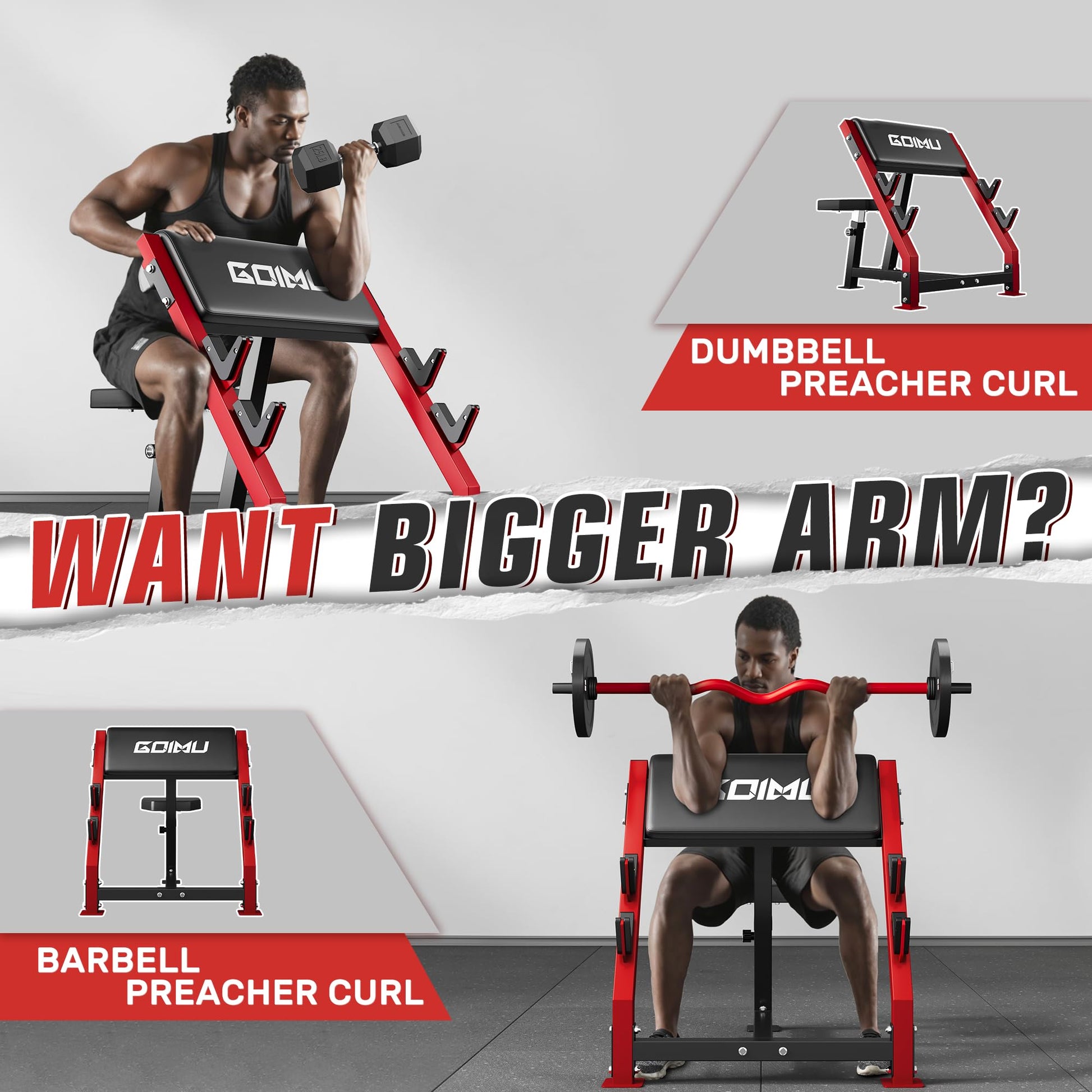 GOIMU PC01 Preacher Curl Bench, Seated Arm Isolated Barbell Dumbbell Bicep Station, Adjustable