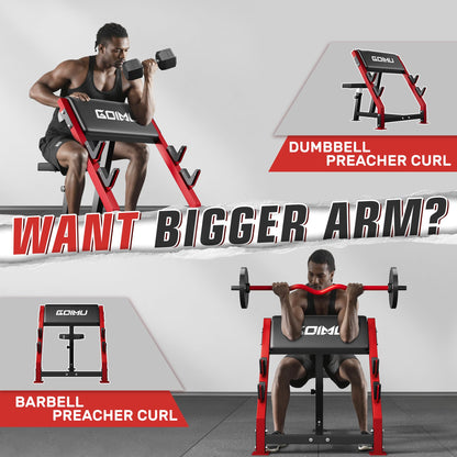 GOIMU PC01 Preacher Curl Bench, Seated Arm Isolated Barbell Dumbbell Bicep Station, Adjustable