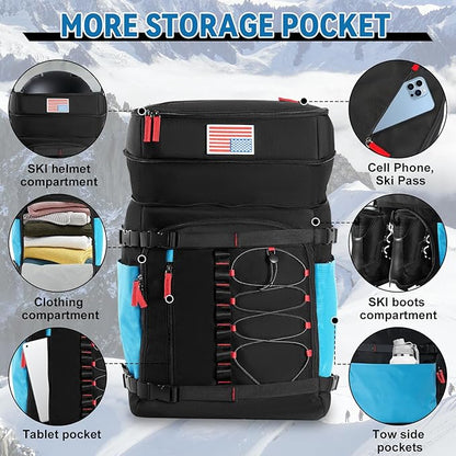 Ski Boot Bag, 65L Ski Boot Bag Backpack Large Ski Boot Travel Backpack Waterproof Ski Bag Ski Equipment Bag for Skis Snowboard & Accessories