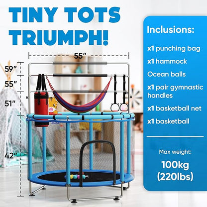 Toddler Trampoline for Kids Ages 3-8 - 5 ft Toddler Trampoline with Net, Basketball Hoop, Ocean Balls, Boxing Bag, Hammock - Indoor and Outdoor for Kids, Backyard