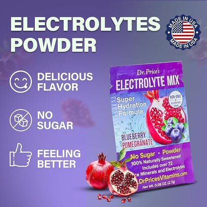 Dr. Price’s Electrolyte Mix | Sugar-Free Hydration Powder with 72+ Trace Minerals | No Sugar, Fast-Dissolving Electrolytes Powder Packets | Blueberry-Pomegranate (30 Packs)