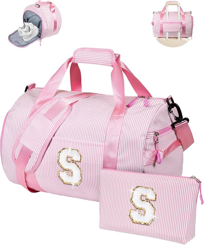 Birthday Gifts, Girl Gym Bag, Kids Initial Overnight Duffel Bags with Shoe Compartment, Personalized Travel Bag with Makeup Pouch, Gift for 3 4 5 6 7 8 9 10 11 12 Years Old Girls (Letter S)