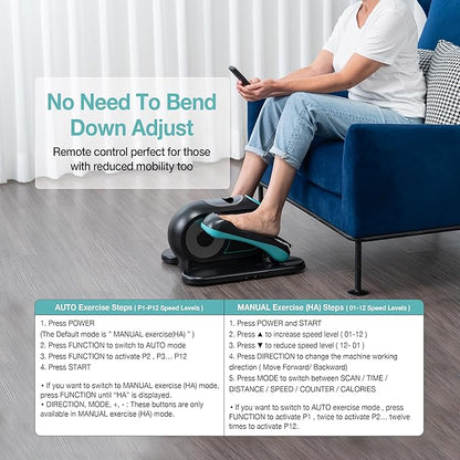 Under Desk Elliptical Machine, Ellipse Leg Exerciser for Seniors, Seated Pedal Exerciser with Resistance Bands Non Slip Mat, Remote Control, 12 Adjustable Speeds for Home, Seniors, Adults