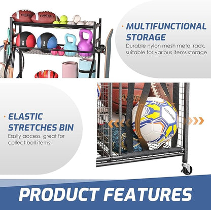 PLKOW Sports Equipment Organizer - Garage Storage Rack with Basket and Hooks, Ball Storage, Toy and Gear Organizer, Black