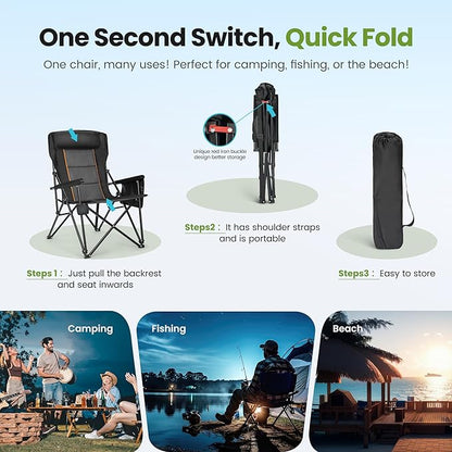 HIGH POINT SPORTS Oversized Folding Camping Chairs for Adults, High Backrest Heavy Duty Lawn Chairs Support 500 LBS Portable Collapsible Camp Chairs with Cup Holders,Side Pocket, 2 Pack, Black